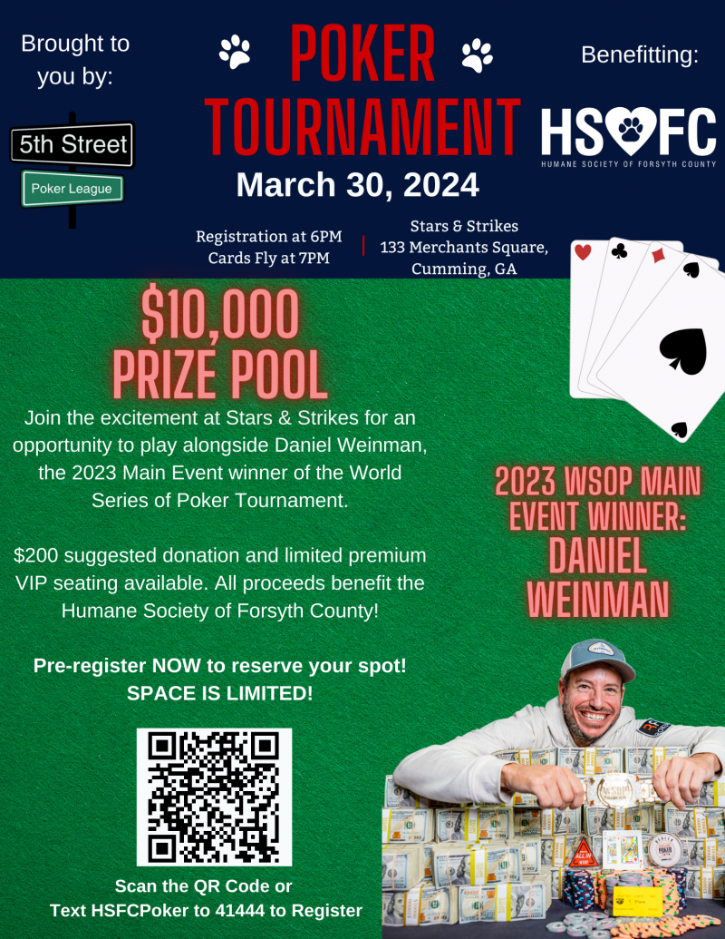 Play with Daniel Weinman at a Fundraiser Benefiting Humane Society of Forsyth County - Stars and Strikes at 5thstreetpoker.com